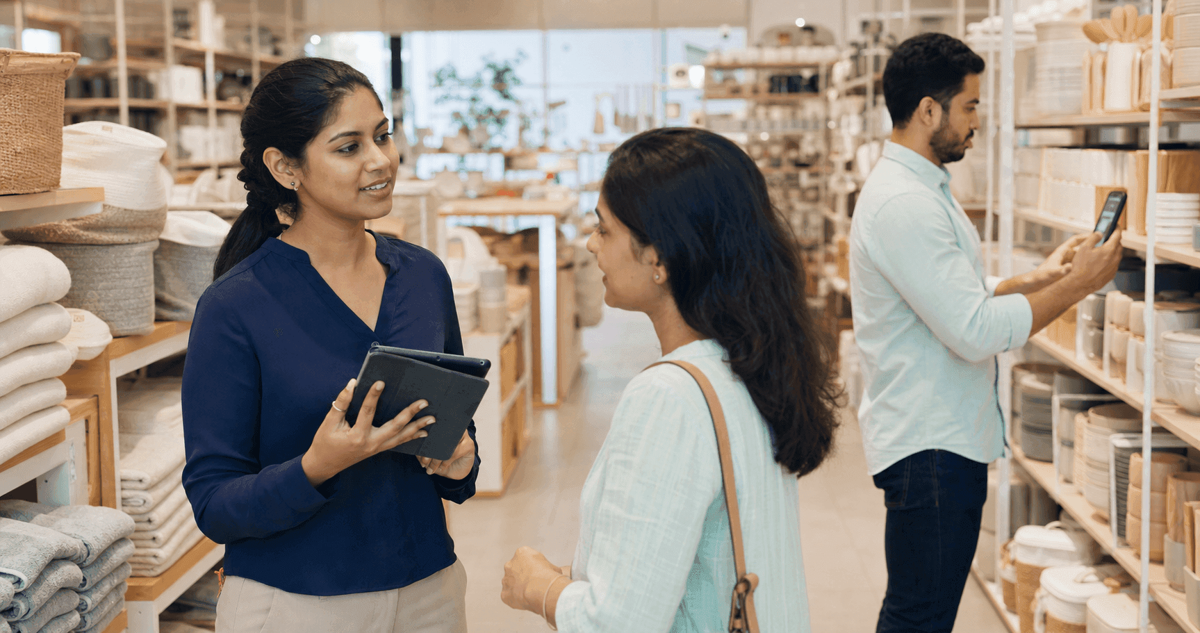 A market researcher and retail auditor gathering customer and store evidence in an Indian shop