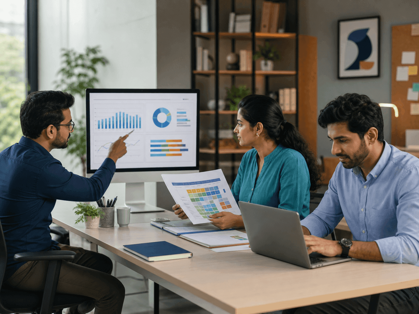 Market research analysts comparing pricing, assortment, and category evidence in a strategy workspace