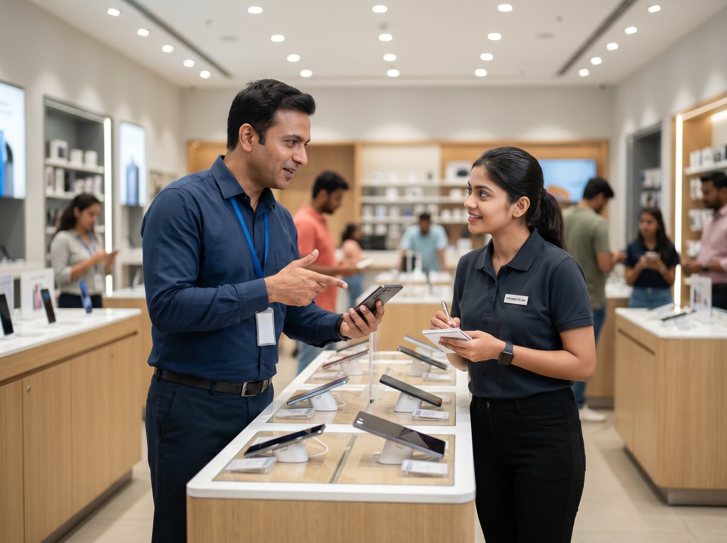 Field trainer coaching an in-store salesperson inside a retail store