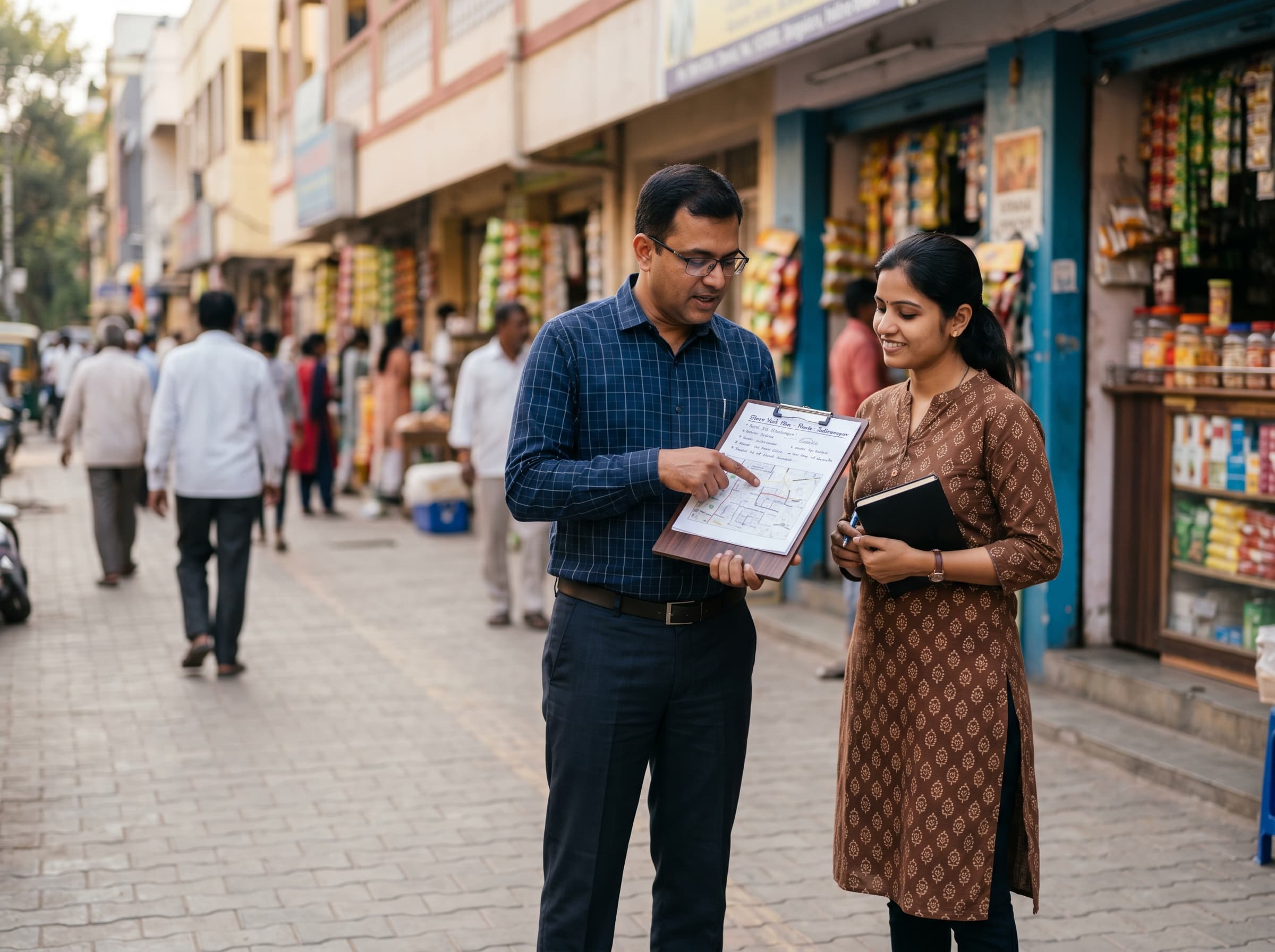 Trainer and salesperson reviewing a route plan on a retail street