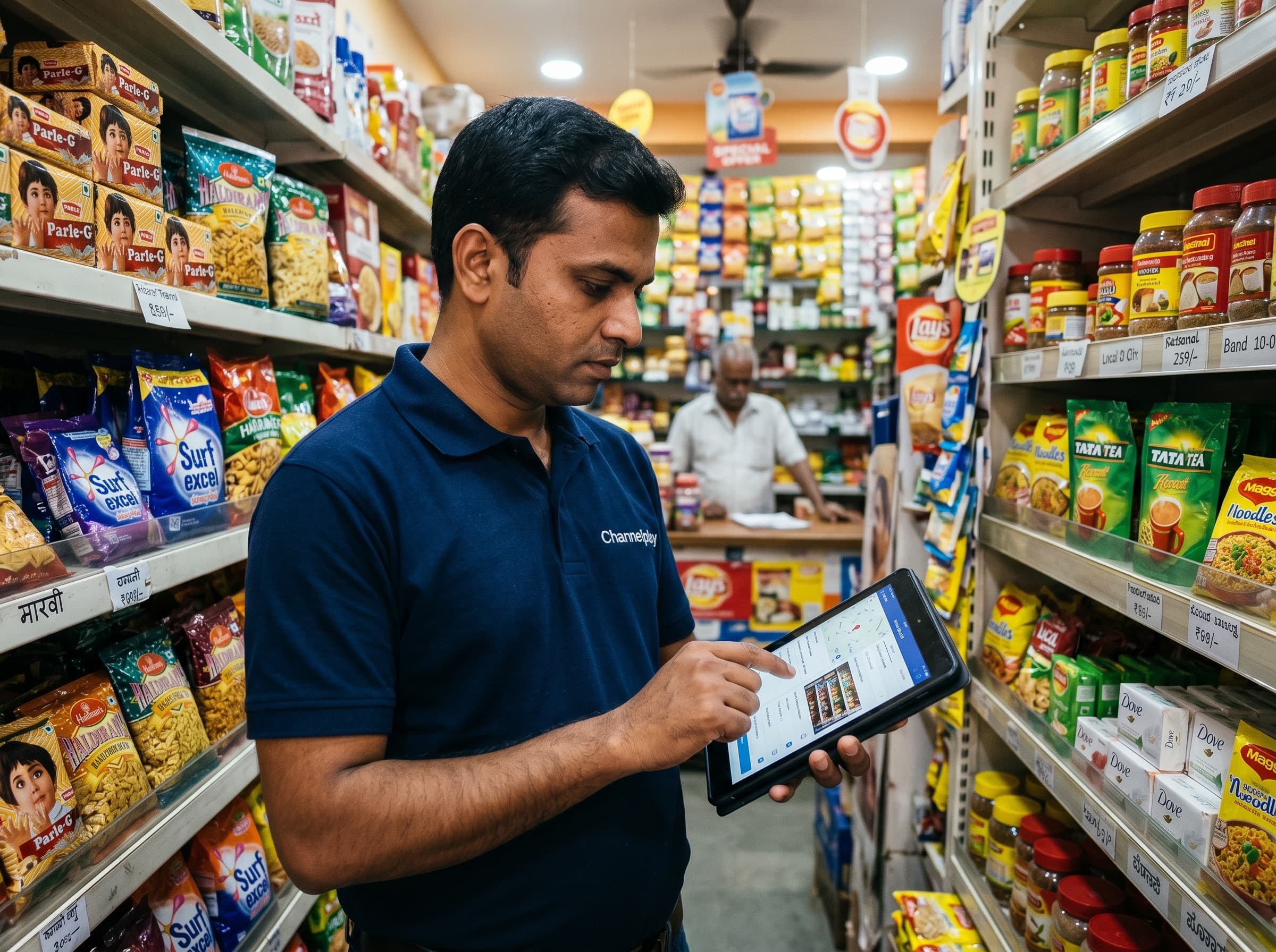 Retail supervisor reviewing general trade execution on a tablet inside a neighbourhood store