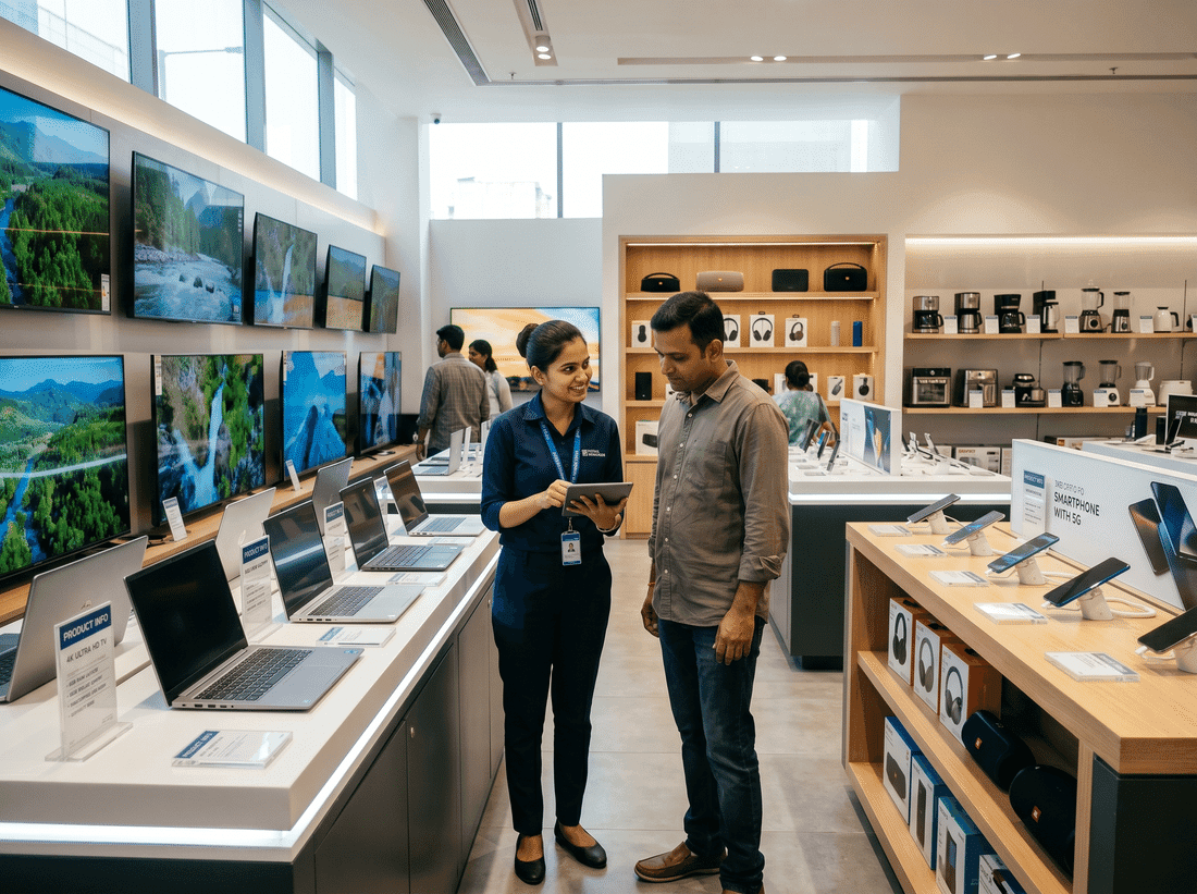 Consumer electronics retail zone with brand displays, promoter support, and live demos