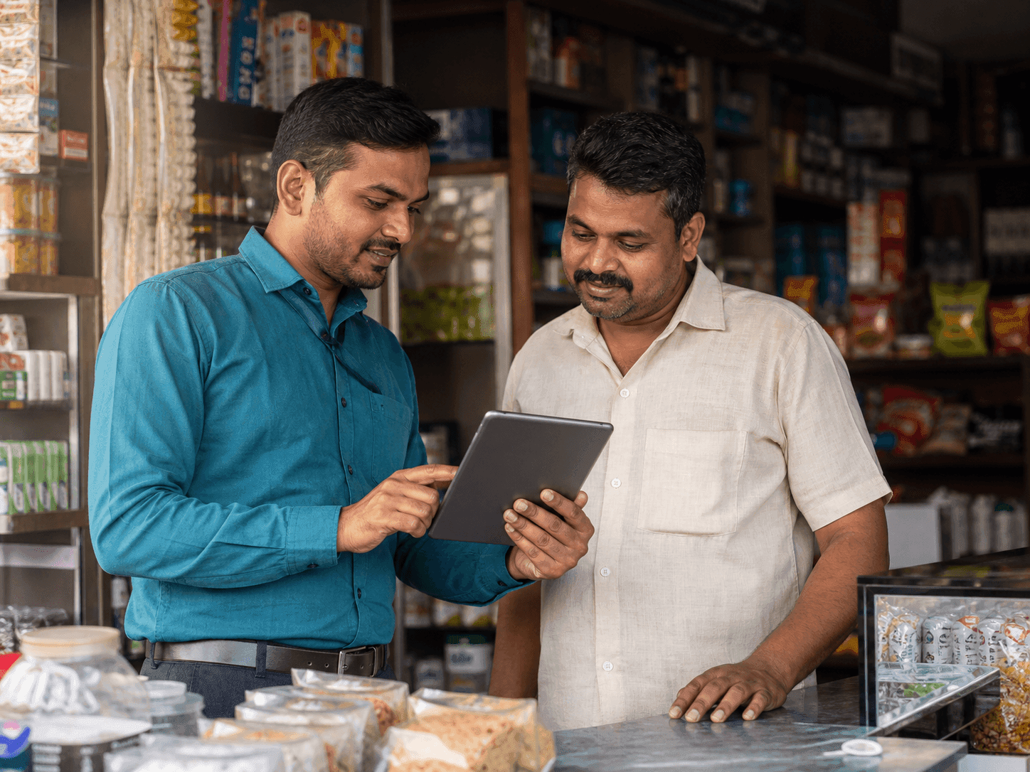 Field executive assisting a merchant with digital registration at a retail store