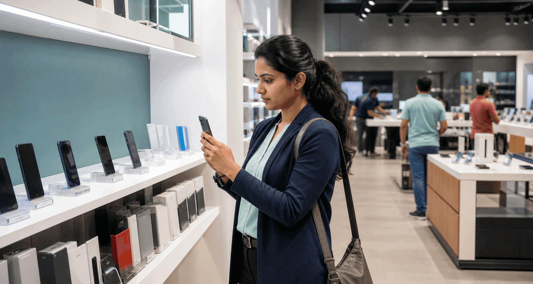 A trained field auditor documenting retail execution inside a consumer electronics store