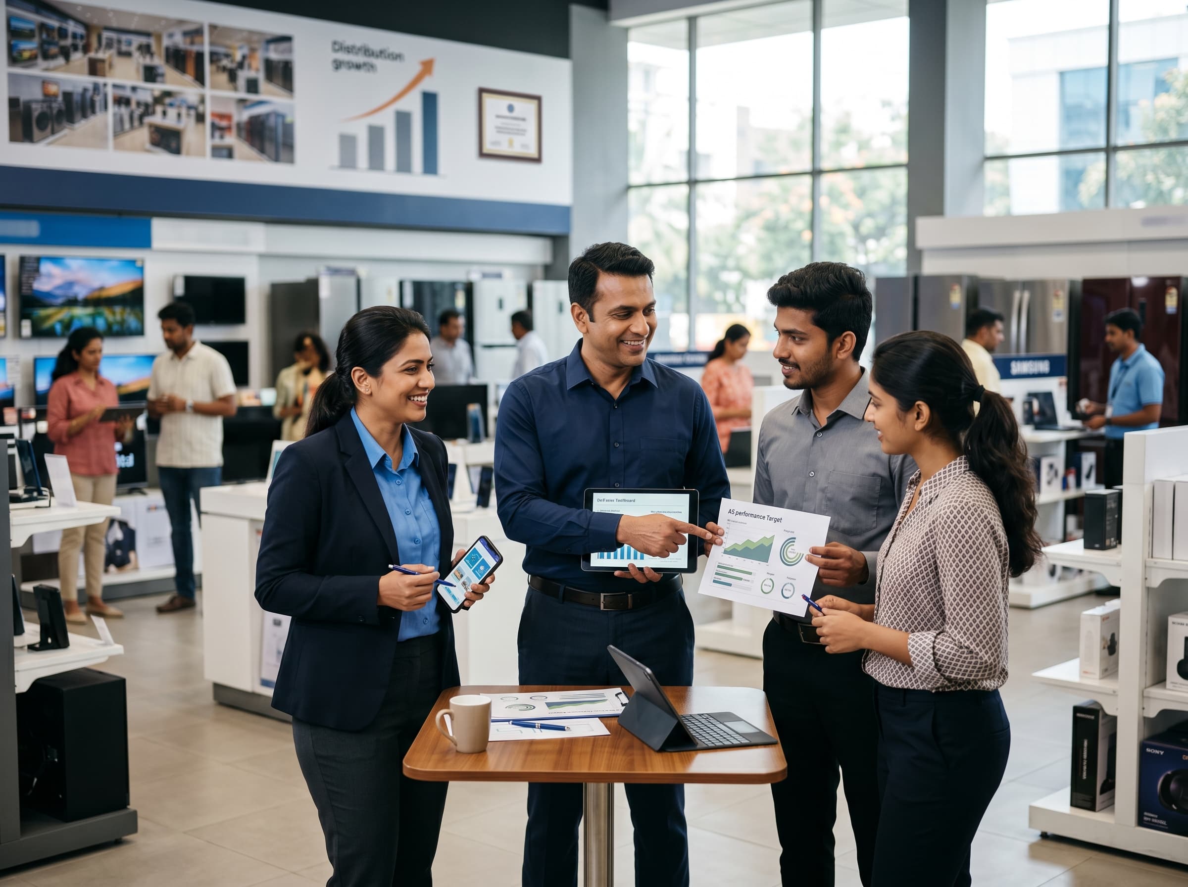 Field sales team reviewing targets and incentive progress in a retail setting