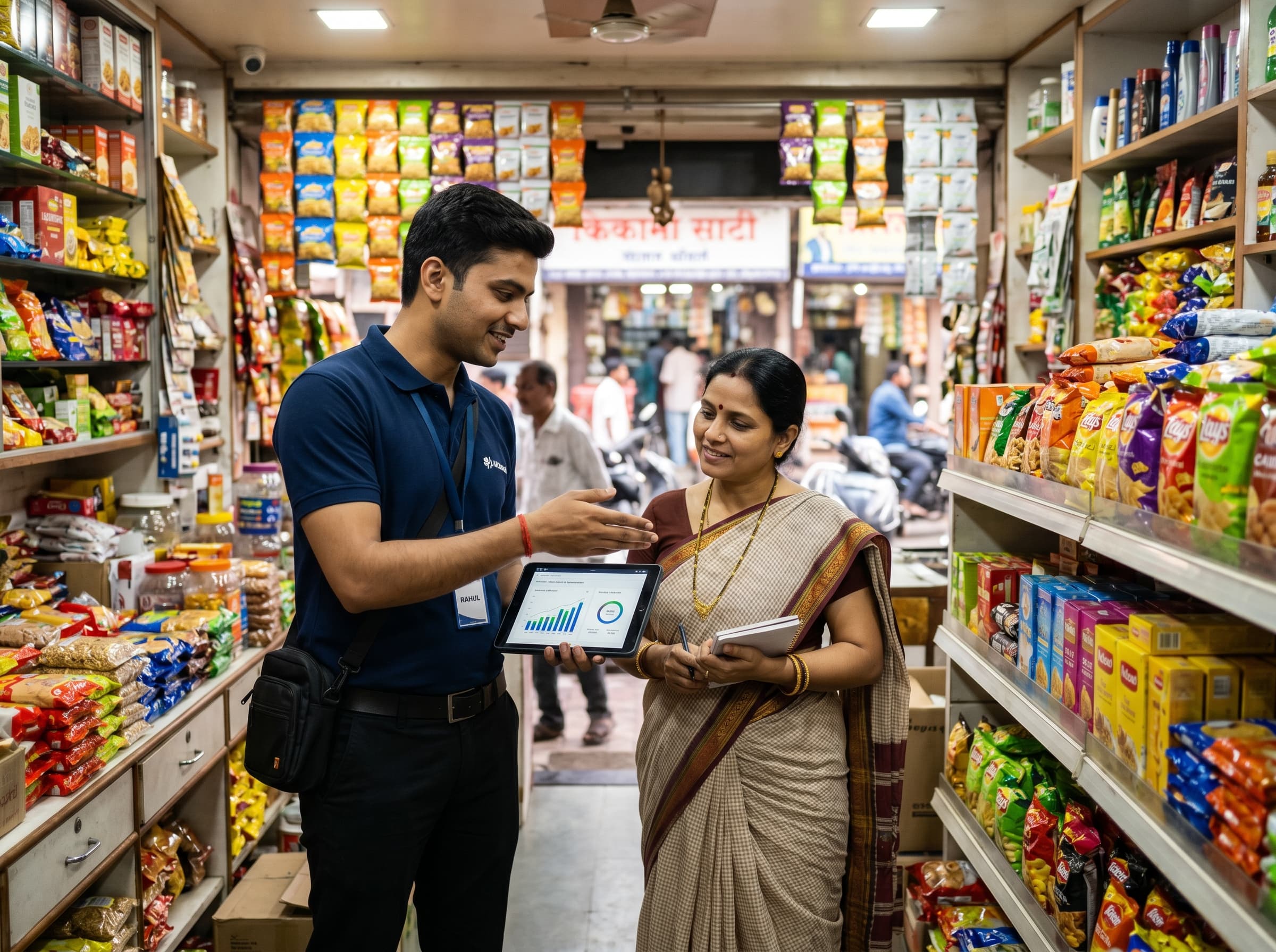Field sales representative discussing distribution and retail visibility in a general trade outlet