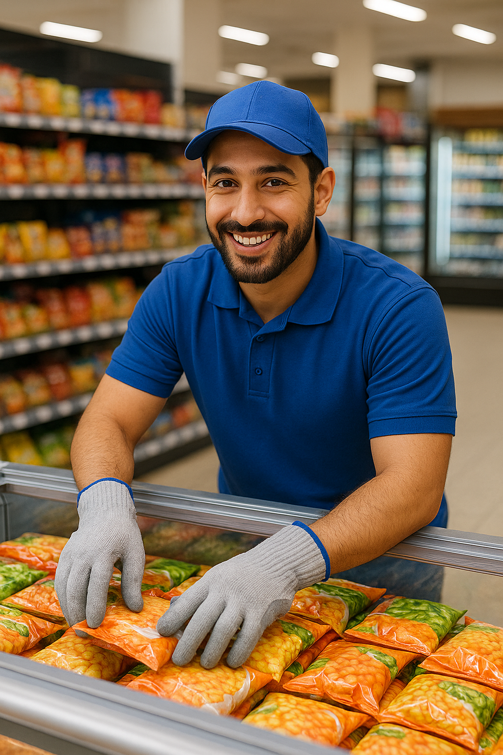 Merchandiser managing frozen food section in modern trade store