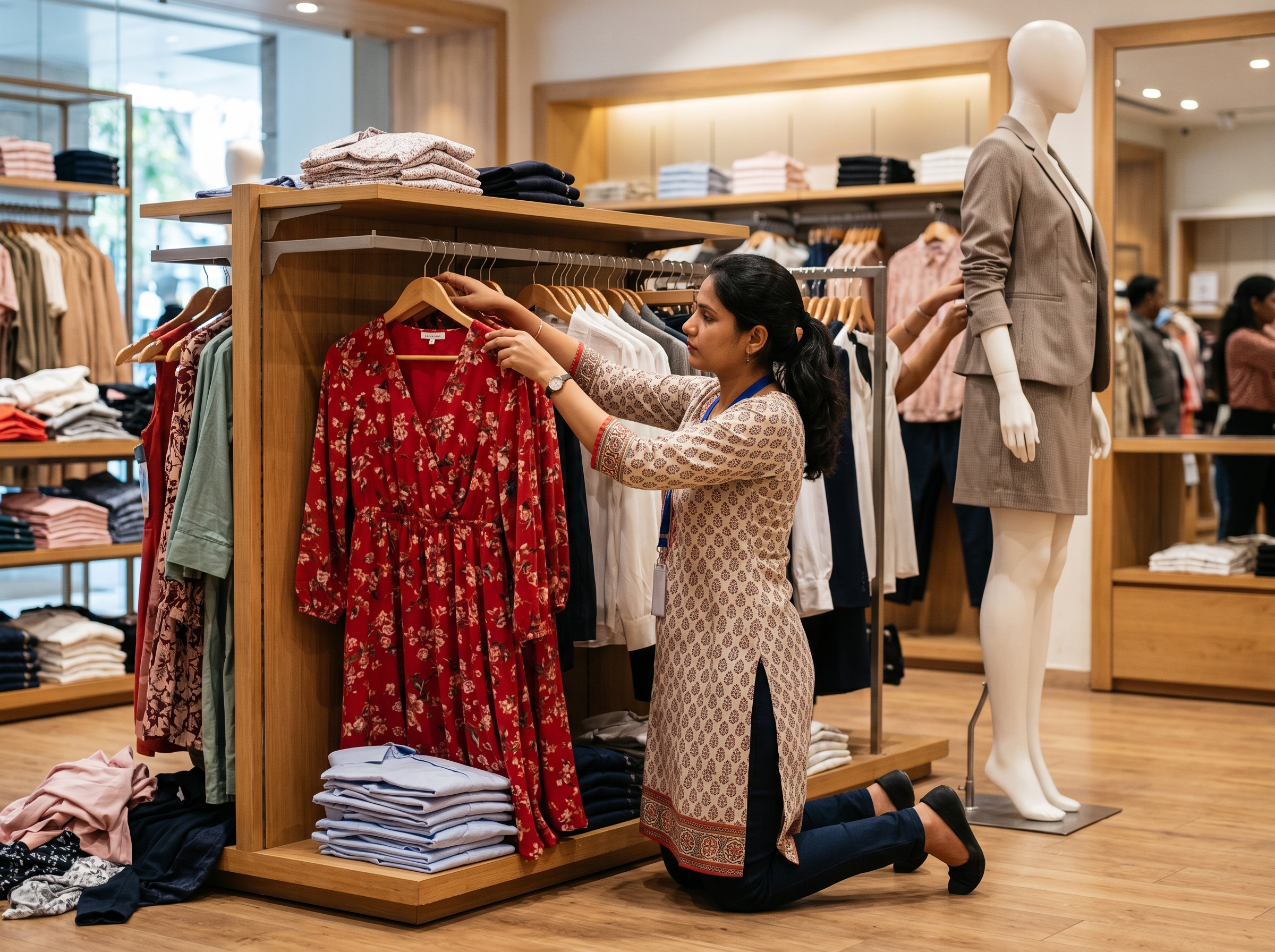Visual merchandiser correcting a cluttered fashion display